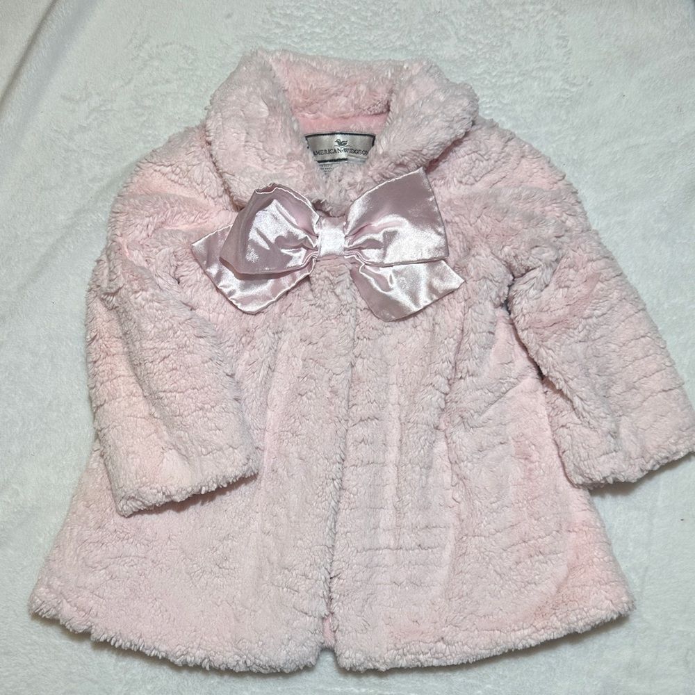 EUC American Widgeon Pink Fur Coat with Satin Bow 3t